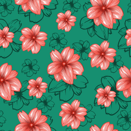 Seamless pattern with pink flowers on the turquoise or green background.Vector fashion fabric textile design. Can be used for pillow or tablecloth.のイラスト素材
