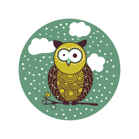 Cute shocked cartoon owl in winter. Snowfall and snowflakes. Isolated element in circle shape for greeting card design for holidays. Vector illustrationのイラスト素材