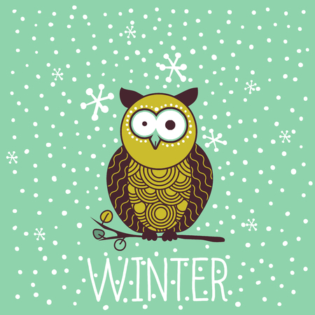 Cute shocked cartoon owl in winter. Snowfall and snowflakes. Postcard or poster or greeting card design for holidays. Vector illustrationのイラスト素材