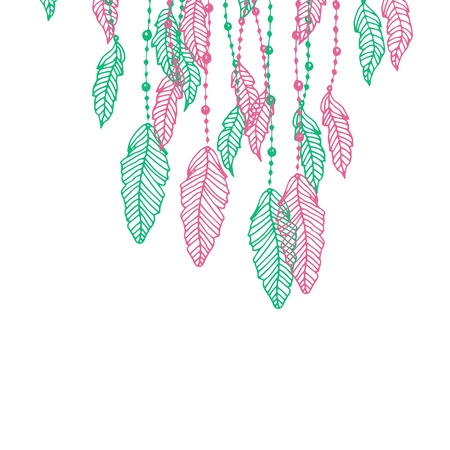 Hanging pink and turquoise or blue stylized doodle feathers, isolated on white. Vector decoration elementのイラスト素材