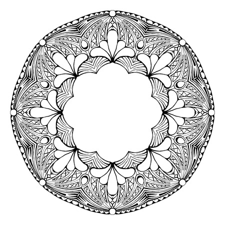 Mandala. Ethnic decorative element. Hand drawn backdrop. Islam, Arabic, Indian, ottoman motifs. Boho style. Mono color black line art for adult coloring book page design.のイラスト素材