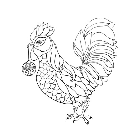 Rooster, symbol of 2017 for Chinese calendar. Thin line art cock, doodle style stroke. Vector element for New Year's or Merry Christmas design or antistress coloring book. Vector isolated illustrationのイラスト素材