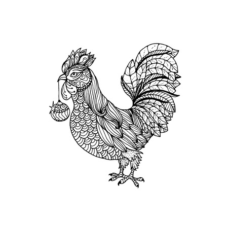 Rooster, symbol of 2017 on the Chinese calendar. Thin line art cock cock with christmas ball in beak, decorated with doodle or zentangle style patterns. Vector element for antistress coloring book.のイラスト素材