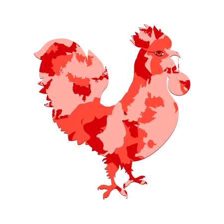 Rooster silhouette with red camo or camouflage fill. Cock, decorated with spot pattern. Vector colored element for New Year's or Merry Christmas design. Vector illustrationのイラスト素材
