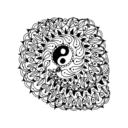 Mono color black line art element for adult coloring book page design. Floral collection. Ethnic zentangle ornament with om religion symbolのイラスト素材