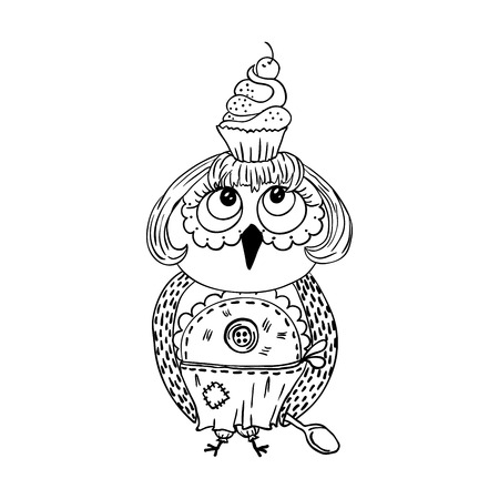 Cute doodle style owl with cake on the head. Young lady cartoon chef style. Black and white coloring book page designのイラスト素材