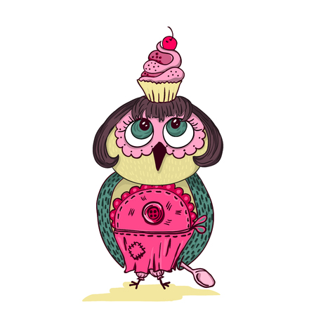 Cute cartoon colored owl with cake on the head. Young lady cartoon chef style. Black and white coloring book page designのイラスト素材