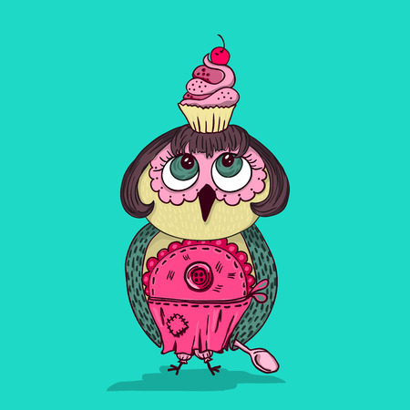 Cute cartoon colored owl with cake on the head. Young lady cartoon chef style. Black and white coloring book page designのイラスト素材