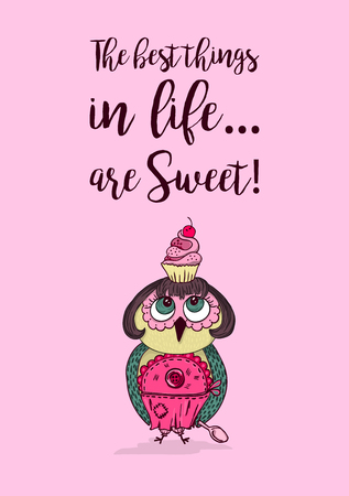 Cute colored doodle style owl with cake on the head. Young lady cartoon chef style. Black and white coloring book page design.The best things in life are sweet typography.のイラスト素材
