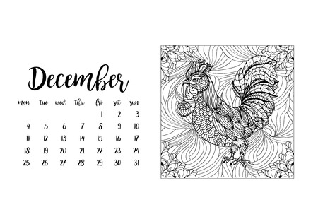 Desk calendar template for month December with doodle stylized rooster animal. Week starts Mondayのイラスト素材