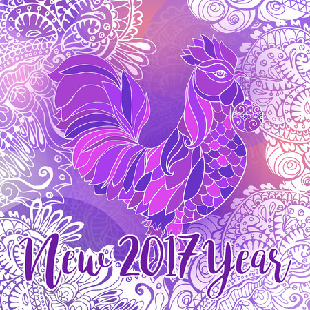 Blue and white winter typography square card with New Year 2017 lettering type and doodle rooster, white ornament and snowflakes. Vector illustrationのイラスト素材
