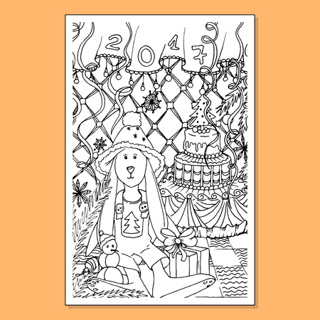 Adult coloring book page. Mono color black ink illustration, vector art. Xmas or Merry Christmas vertical postcard rabbit in new year interior. Vector illustrationのイラスト素材