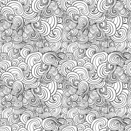 Big seamless pattern with black and white stylized curls and waves for fabric textile design, pillow or wrapping. Vector illustrationのイラスト素材