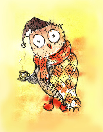 Sleepy Owl with cup of tea. Morning. Poster design. Hand drawn and digital technique in illustration.の写真素材
