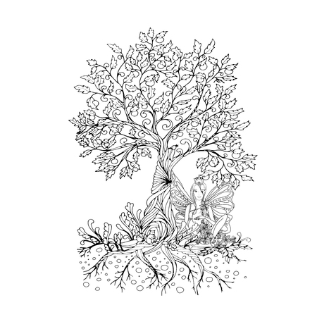Adult coloring book page with fairy Pregnant lady with butterfly wingsのイラスト素材