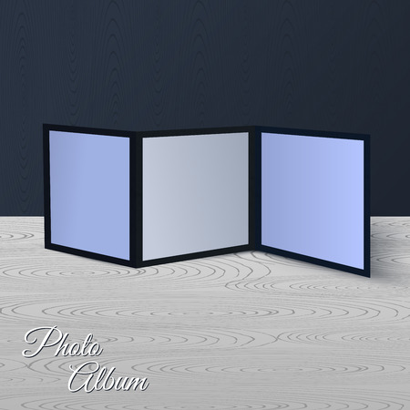 Threefold brochure realistic mockup on the wooden scene or table and wall. Vector illustrationのイラスト素材
