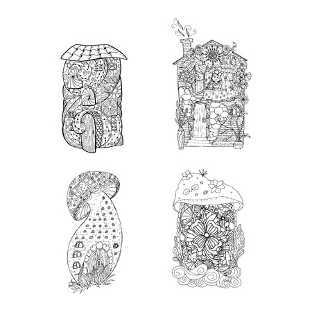 Adult coloring book pages. Mono color black ink illustration, vector art. Fairy houses set with ornament. Vector illustrationのイラスト素材