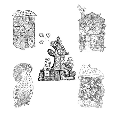 Adult coloring book pages. Mono color black ink illustration, vector art. Fairy houses set with ornament. Vector illustrationのイラスト素材
