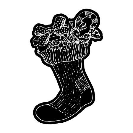 Xmas sock with gifts. Knockout printing sticker,isolated clipart. Vector illustrationのイラスト素材