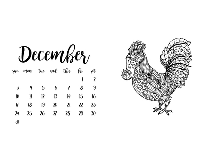 Desk calendar template for month December with doodle stylized rooster animal. Week starts Sundayのイラスト素材