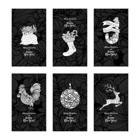Greeting card set for New Year and Christmas. Hand drawn doodles elements. Vertical vectorのイラスト素材