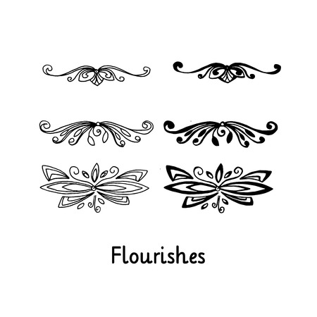 Black silhouette and outline flourishes. Hand drawn isolated elements. Vector illustrationのイラスト素材