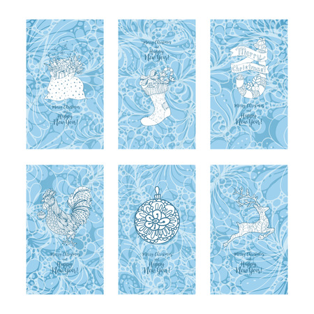Greeting card set for New Year and Christmas. Hand drawn doodles elements. Vertical vectorのイラスト素材