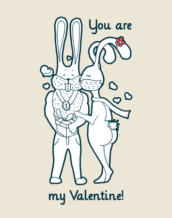 Valentines Day gift, greeting card with cute and chic rabbits. Cartoon hand drawn design for lovers. Vector vertical postcard templateのイラスト素材