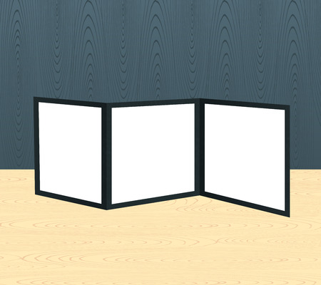 Threefold brochure realistic mockup on the wooden scene or table and wall. Vector illustrationのイラスト素材
