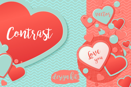 Pink and blue paper hearts with patternred circle and drops. Valentines Day Greeting Card or postcard isolated on white background.Romantic Lovely Frame design template for Mothers Day or scrapbooking.のイラスト素材