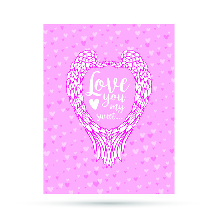 Pink and blue paper hearts with angel wings. Valentines Day Greeting Card or postcard isolated on white background. Romantic Lovely Design template for Mothers Day or scrapbooking.のイラスト素材