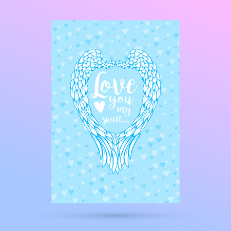 Feathers and wings frame in heart shape, with hearts, blue card for Valentines Day design.のイラスト素材