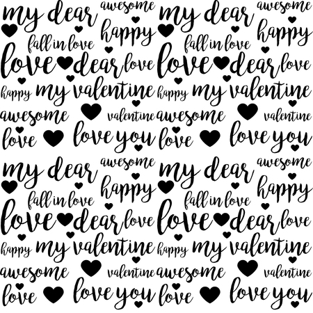 Seamless pattern with hand drawn black brush lettering quotes and words for lovers and Valentines day designのイラスト素材