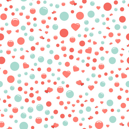 Seamless pattern with cute and chic blue, pink hearts and circles on white backgroundのイラスト素材