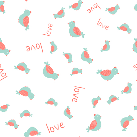 Seamless pattern with cute and chic birds and hand drawn brush lettering quotes and words for lovers and Valentines day designのイラスト素材