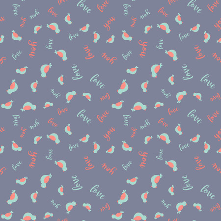 Seamless pattern with cute and chic birds and hand drawn brush lettering quotes and words for lovers and Valentines day designのイラスト素材