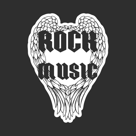 Retro t-shirt print or music disk cover with angel wings and grunge texture. Vector illustration with text Rock musicのイラスト素材