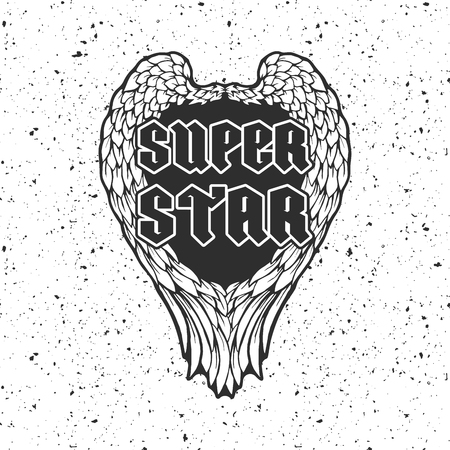 Retro t-shirt print or music disk cover with angel wings and grunge texture. Vector illustration with text super starのイラスト素材