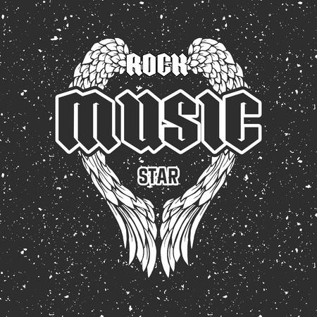 Retro t-shirt print or music disk cover with angel wings and grunge texture. Vector illustration with text Rock music starのイラスト素材
