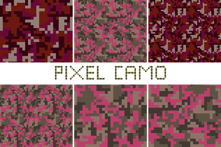 Pixel camo seamless pattern Big set. Green, forest, jungle, urban, pink, brown camouflages. Vector fabric textile print designsのイラスト素材