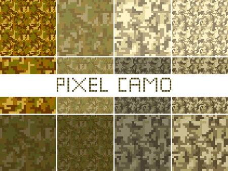 Pixel camo seamless pattern Big set. Green, forest, jungle, urban, brown camouflages. Vector fabric textile print designsのイラスト素材