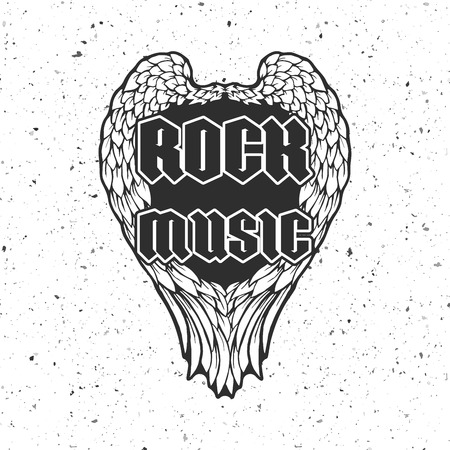 Retro t-shirt print or music disk cover with angel wings and grunge texture. Vector illustration with text Rock musicのイラスト素材