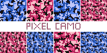 Pixel camo seamless pattern Big set. Urban, pink, blue camouflages. Vector fabric textile print designsのイラスト素材