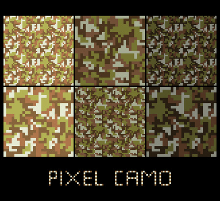 Pixel camo seamless pattern Big set. Green, forest, jungle, urban, brown camouflages. Vector fabric textile print designsのイラスト素材