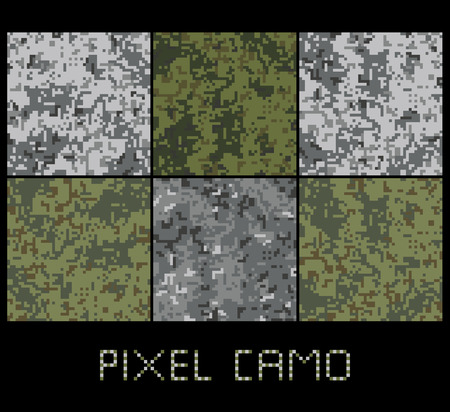 Pixel camo seamless pattern Big set. Green, forest, jungle, urban, brown camouflages. Vector fabric textile print designsのイラスト素材