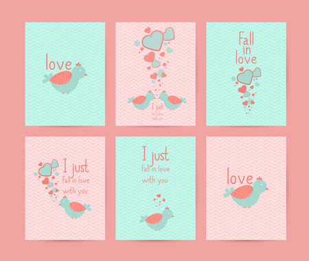 Valentines day gift cards. Handdrawn design elements and greeting quotes and wishes inscriptions. Handwritten modern lettering. Birds and heartsのイラスト素材