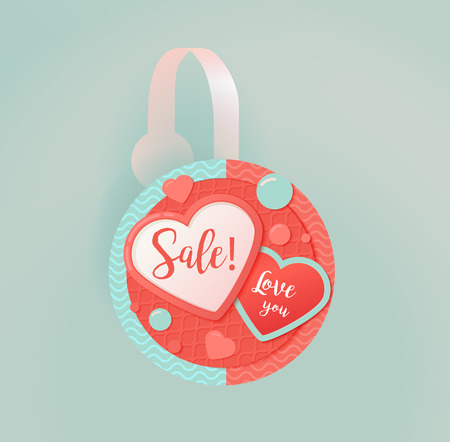Vector wobbler mockup with transparent strip.Template for your hanging shelf tag design. Sale design object, advertising, valentines day and heartsのイラスト素材