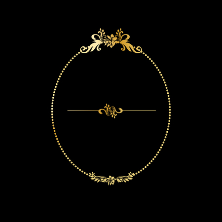 Golden calligraphic design oval frame on the black background. For gold menu and invitation cards, page decor. Luxury style calligraphy with dividerのイラスト素材