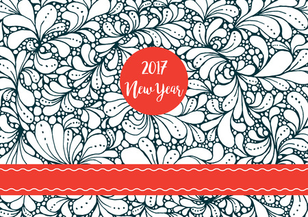 Romantic patterned poster for 2017 new year holiday. Red ribbon and circle with inscriptionのイラスト素材