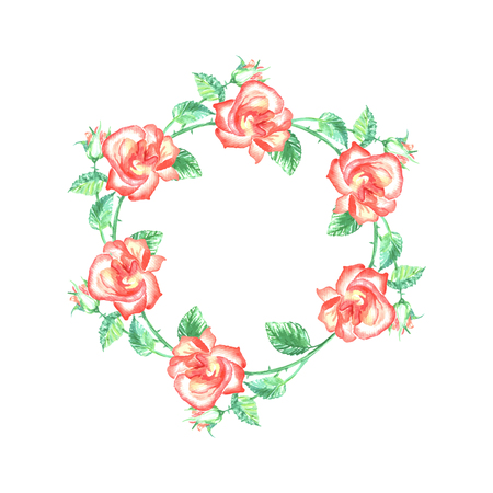 Romantic wreath with red roses and green leafs. Handdrawn artworkの写真素材